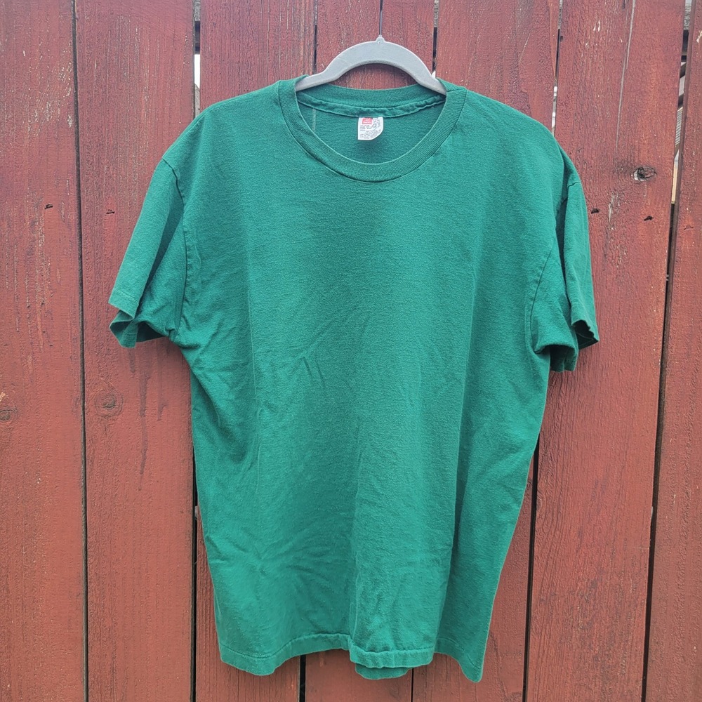 VTG Hanes Blank T Shirt Mens L Green Single Stitch 100% Cotton Made in USA